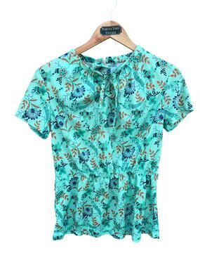 Women's Vintage 70s Mint Green Blouse Short Sleeve Floral Elastic Waist Medium